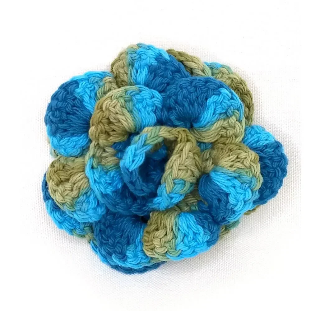 Layered Crochet Flower Brooch Handmade 3D Petals Vibrant Pin Ocean Blue Olive